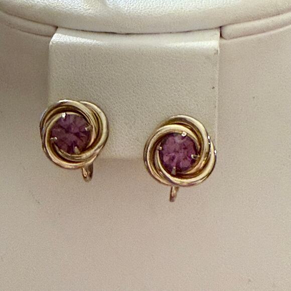 Vintage Coro Gold Tone Purple Stone Earrings - Picture 2 of 7